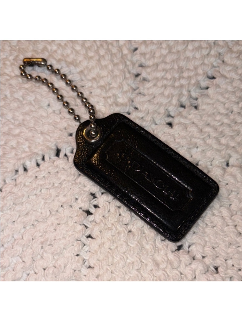 Coach Black Leather Logo Tag with Silver Ball Chain